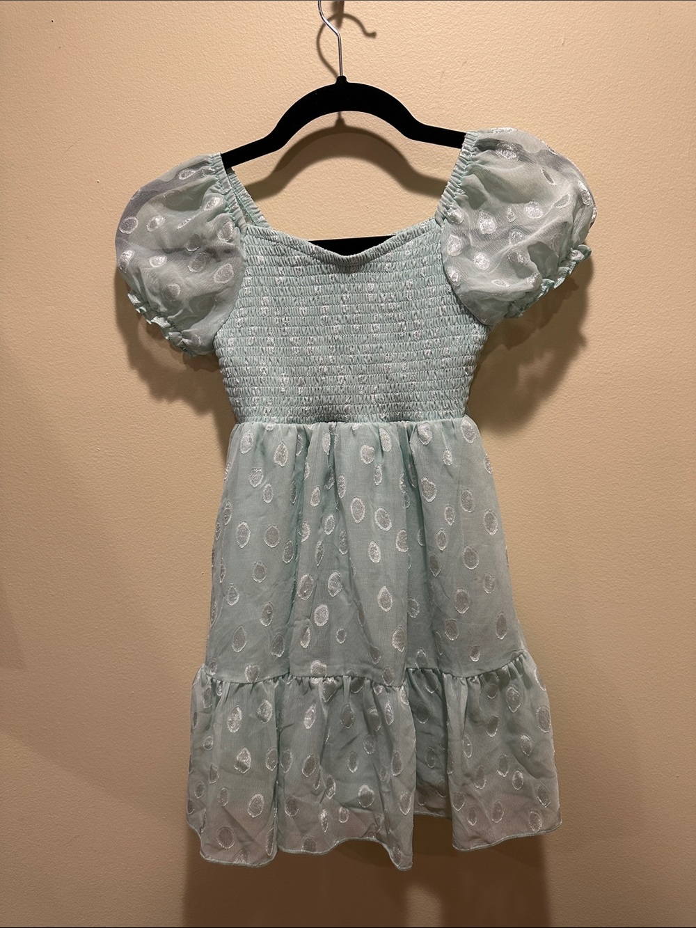 lilt Mint Puff Sleeve Smocked Dot Dress